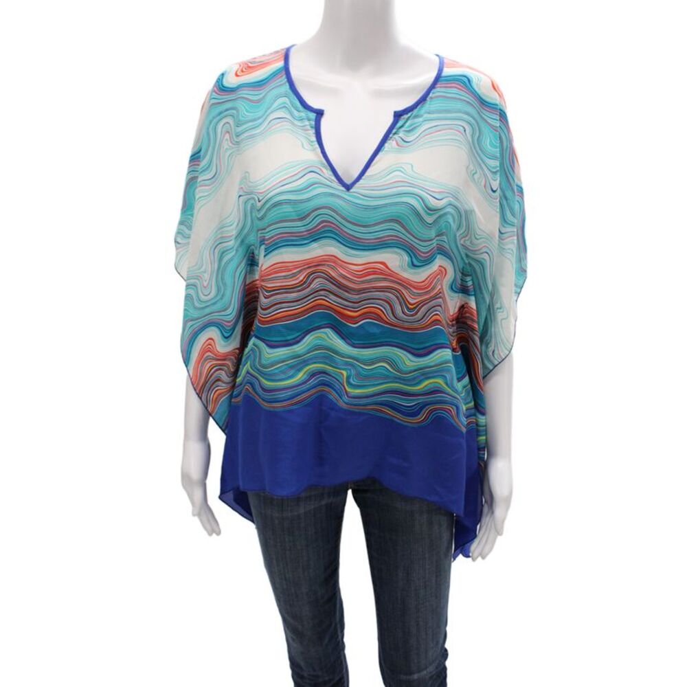 Trina Turk Womens Kimono Blouse Blue Silk Striped V-Neck Short Sleeve Size 0P